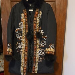 Black and Orange Embroidered Coat with Fur Trim
